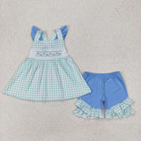 GSSO2148 baby girls embroidered fish green blue shorts outfits