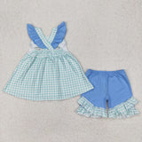 GSSO2148 baby girls embroidered fish green blue shorts outfits