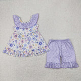 GSSO2306 baby girls sleeveless purple flower shorts outfits