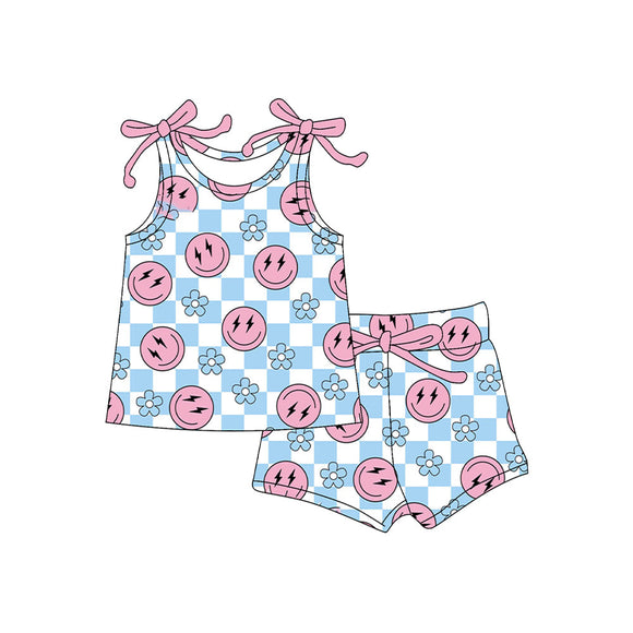 Pre-order GSSO2585 baby girls smile blue checkered  outfits（Deadline May.4）