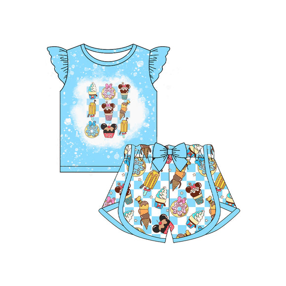 Pre-order GSSO2589 baby girls blue flying sleeve icecream outfits（Deadline May.5）