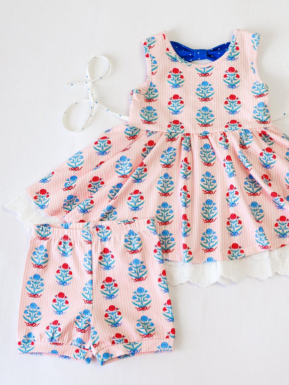 Pre-order GSSO2590 baby girls sleeveless blue flower red stripe outfits（Deadline May.5）