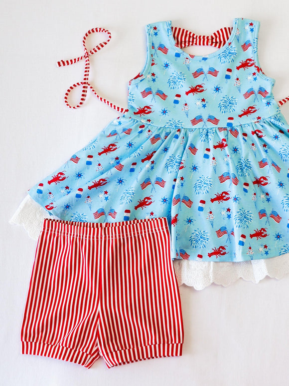 Pre-order GSSO2592 baby girls July Fourth sleeveless red stripe outfits（Deadline May.5）