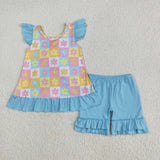 GSSO2623 baby girls flying sleeve flower checkered blue shorts outfits