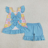 GSSO2623 baby girls flying sleeve flower checkered blue shorts outfits