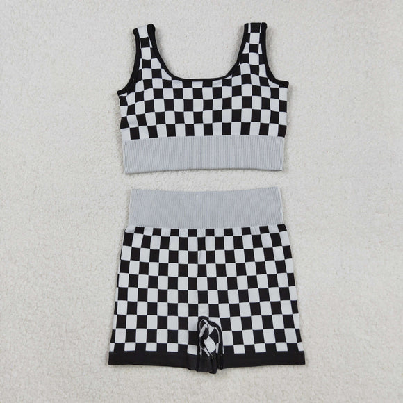 GSSO2703  Women's Checker Bra & Biker Short Set - Stretchy Fabric, Trendy Design
