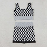 GSSO2703  Women's Checker Bra & Biker Short Set - Stretchy Fabric, Trendy Design