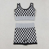 GSSO2703  Women's Checker Bra & Biker Short Set - Stretchy Fabric, Trendy Design