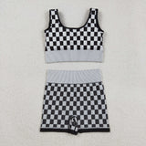 GSSO2703  Women's Checker Bra & Biker Short Set - Stretchy Fabric, Trendy Design