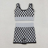 GSSO2703  Women's Checker Bra & Biker Short Set - Stretchy Fabric, Trendy Design
