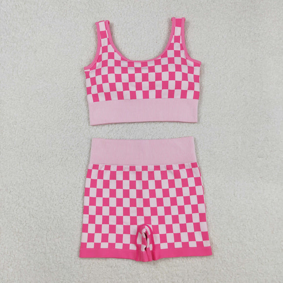GSSO2704  Women's Checker Bra & Biker Short Set - Stretchy Fabric, Trendy Design