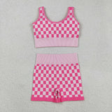 GSSO2704  Women's Checker Bra & Biker Short Set - Stretchy Fabric, Trendy Design