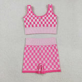 GSSO2704  Women's Checker Bra & Biker Short Set - Stretchy Fabric, Trendy Design