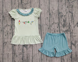 Pre-order GSSO2792 baby girls embroidered fish stripe puff sleeve blue shorts outfits