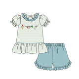 Pre-order GSSO2792 baby girls embroidered fish stripe puff sleeve blue shorts outfits