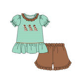 10.24 Pre-order GSSO2793 baby girls hunting embroidered duck green stripe puff sleeve brown shorts outfits