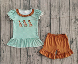 10.24 Pre-order GSSO2793 baby girls hunting embroidered duck green stripe puff sleeve brown shorts outfits