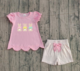 Pre-order GSSO2829 baby girls embroidered Easter bunny pink puff sleeeve shorts outfits