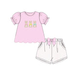 Pre-order GSSO2829 baby girls embroidered Easter bunny pink puff sleeeve shorts outfits