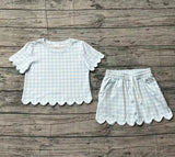 1.14 Pre-order GSSO3184 girls blue checkered wave short sleeves shorts outfits
