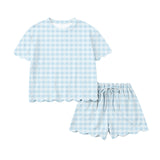 1.14 Pre-order GSSO3184 girls blue checkered wave short sleeves shorts outfits