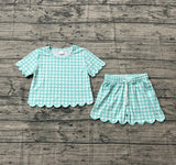 1.14 Pre-order GSSO3190 girls blue checkered wave short sleeves shorts outfits