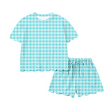 1.14 Pre-order GSSO3190 girls blue checkered wave short sleeves shorts outfits