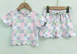 1.16 Pre-order GSSO3229 Girls flower scalloped wave short sleeve shorts outfits