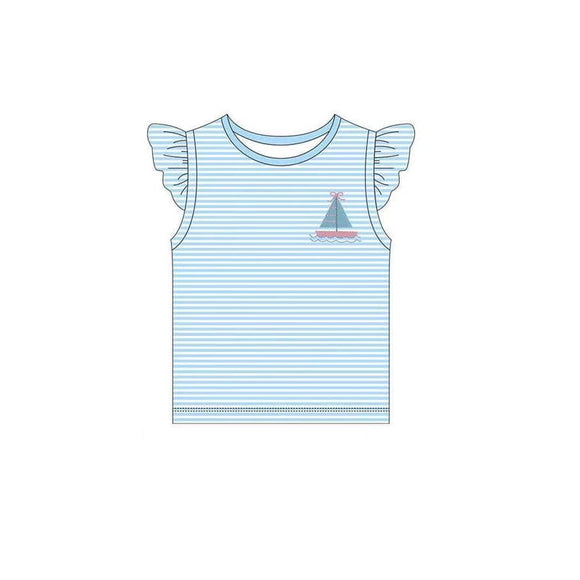 Light blue flutter sleeves stripe boat girls summer shirt