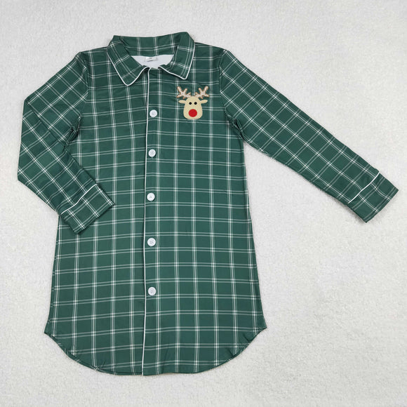 GT0621  Christmas embroidered deer green plaid adult girls pajamas