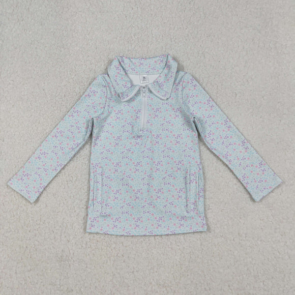 GT1182 baby girls flower blue zipper top yoga
