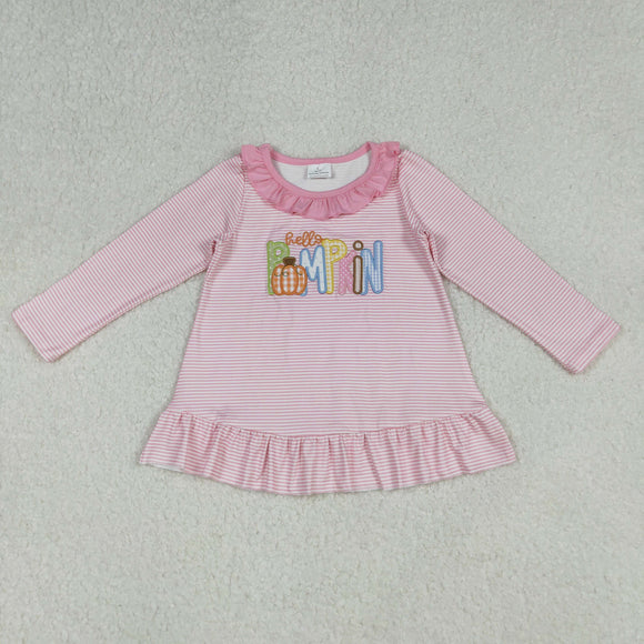 GT1183 pink stripe long sleeve top embroidery pumpkin
