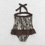 S0192---Halter backless ruffle camo one pc baby girls swimsuit