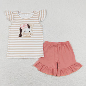 GSSO0423-- embroidery short sleeve cow pink girls outfits