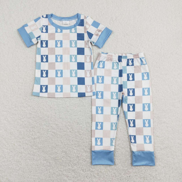 BSPO0318--Short sleeves blue plaid bunny kids boys easter pajamas