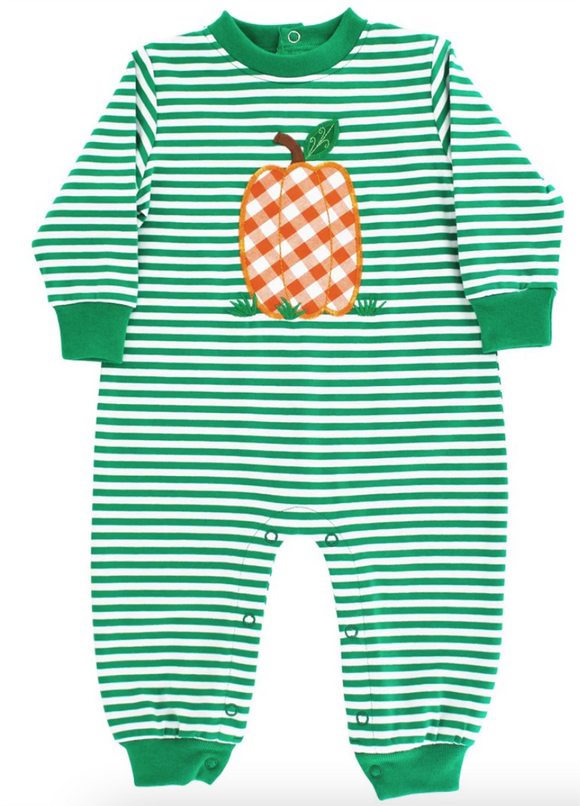 Long sleeves green stripe pumpkin baby boys fall romper