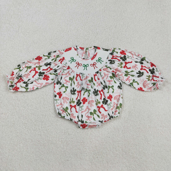 LR2185 baby girls green and red  bow romper smocked