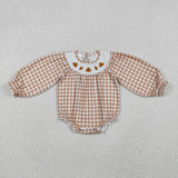 LR2205 baby girls brown checkered long sleeve turkey romper smocked