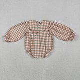 LR2205 baby girls brown checkered long sleeve turkey romper smocked