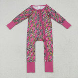 LR2250 baby girls leopard rose zipper romper