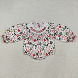 LR2276 baby girls MERRY Christmas green red bow romper smocked