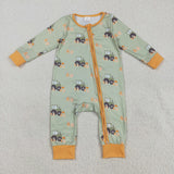 LR2335 Baby Boys tractor green orange zipper long sleeve romper