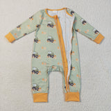 LR2335 Baby Boys tractor green orange zipper long sleeve romper