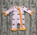 Pre-order LR2336 Baby girls tractor green orange floral zipper long sleeve romper