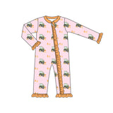 Pre-order LR2336 Baby girls tractor green orange floral zipper long sleeve romper