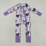 LR2358 baby girls  purple bow zipper romper