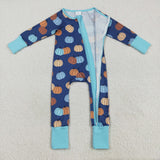 LR2364 baby boys pumpkin blue navy zipper romper