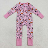 LR2405 baby girls Halloween ghost pumpkin zipper pink romper