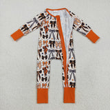 LR2409 baby girls bow zipper black orange romper