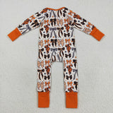LR2409 baby girls bow zipper black orange romper